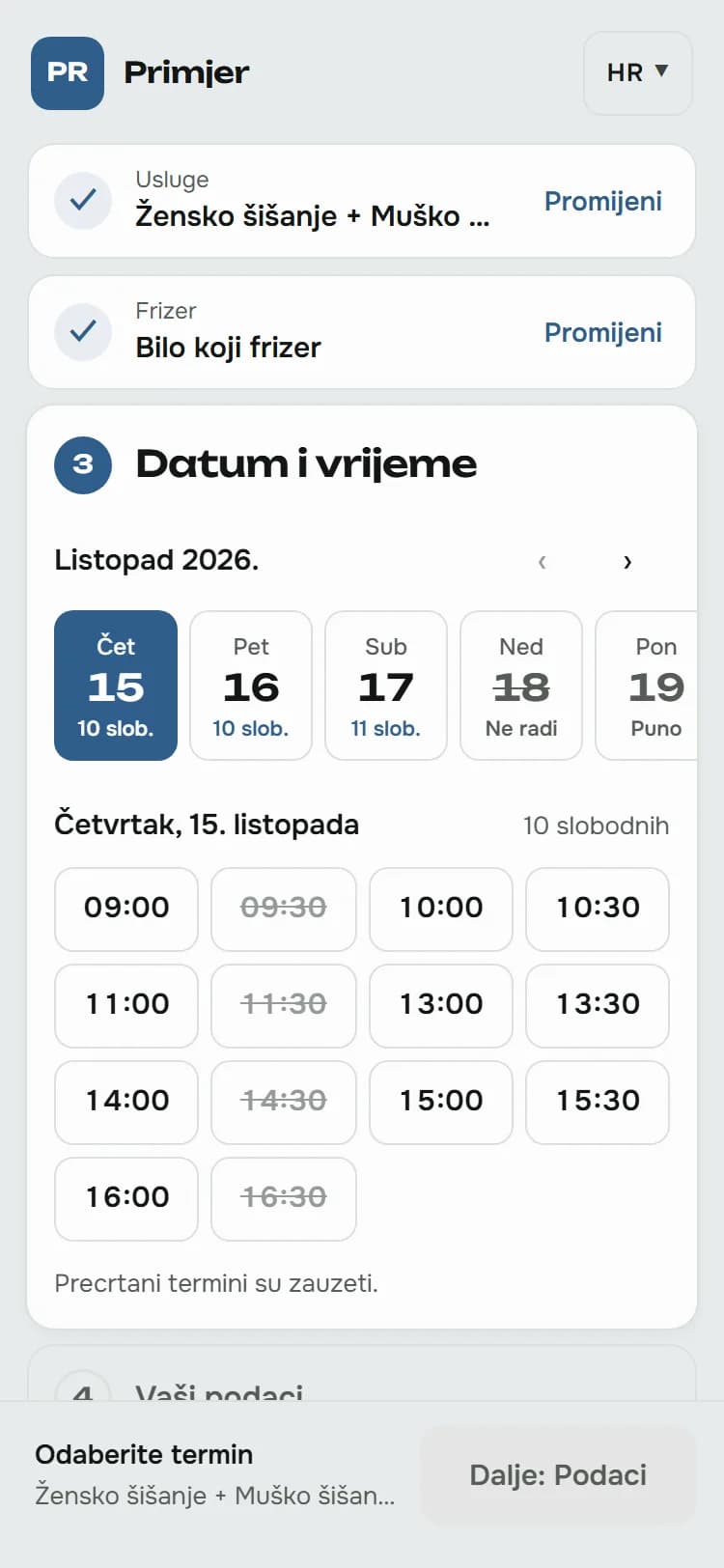 Booking stranica na mobitelu, na koraku izbora datuma i slobodnog termina.