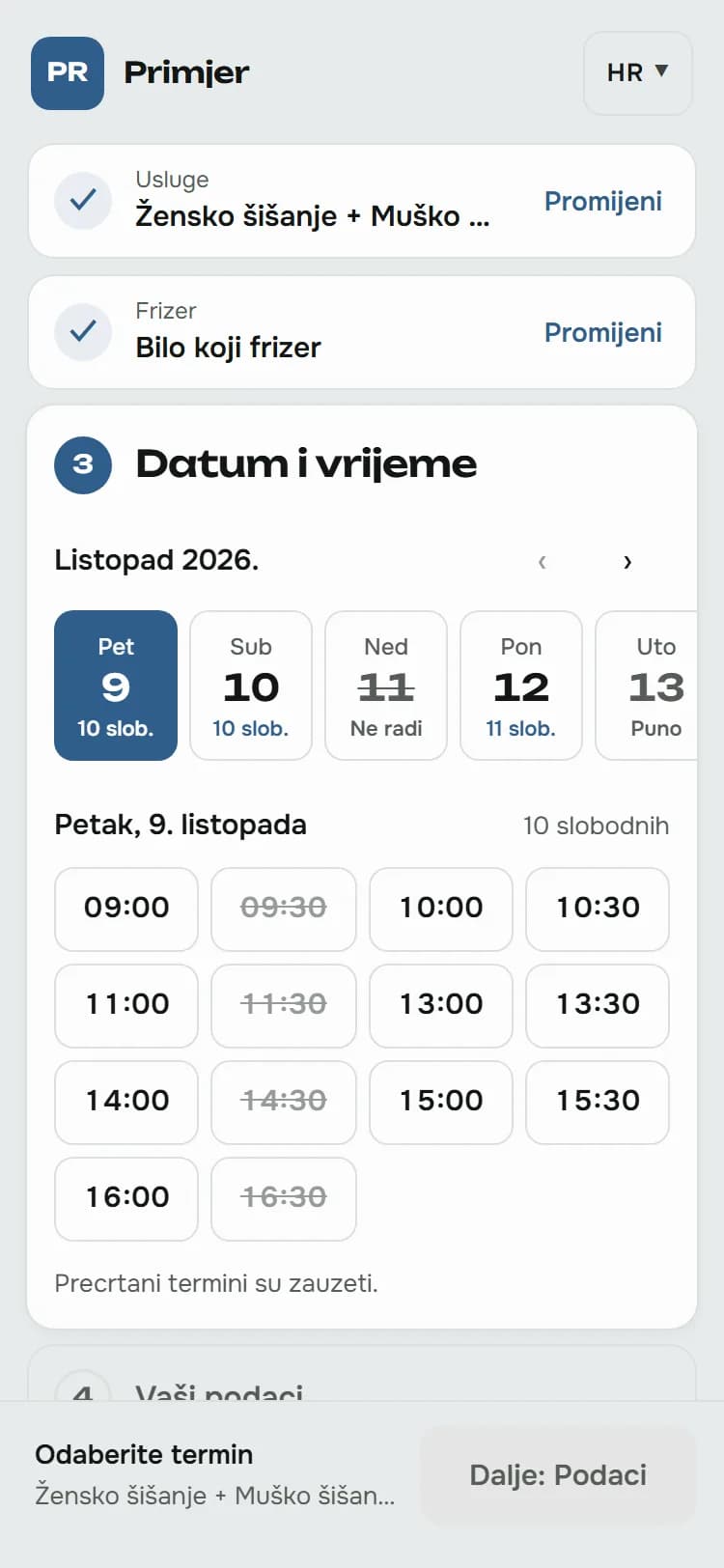 Booking stranica na mobitelu, na koraku izbora datuma i slobodnog termina.